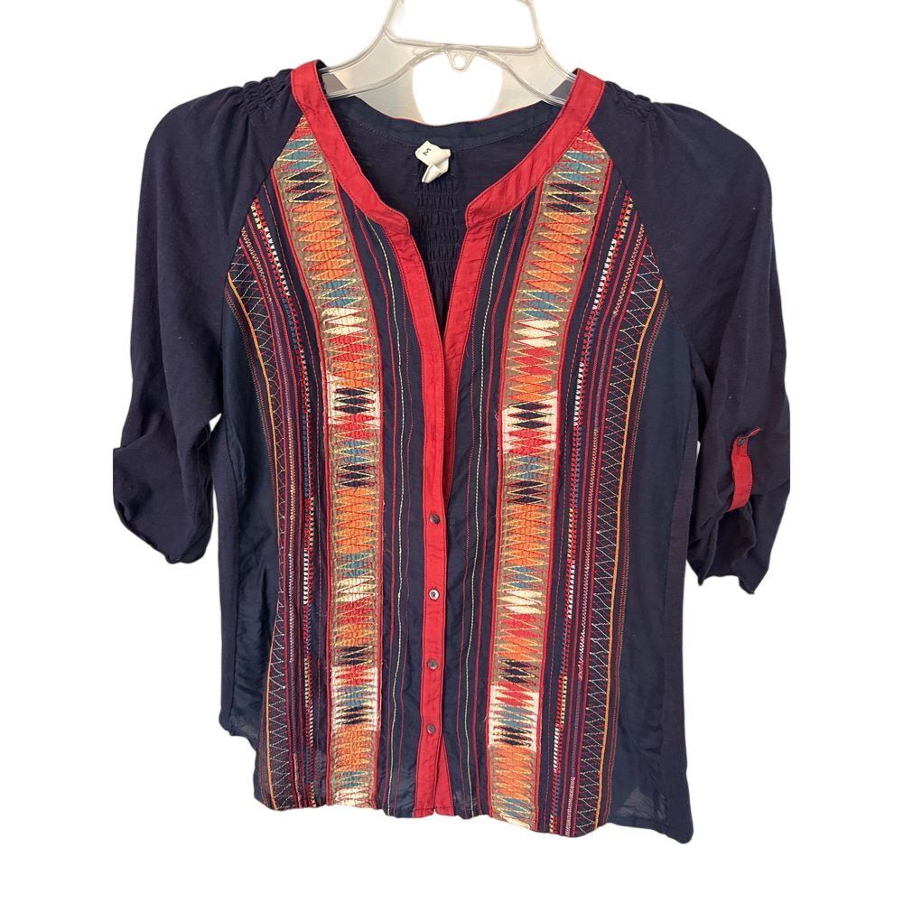 TINY Anthropologie Blue V Neck Geometric Embroidery Roll Tab Sleeves Size M